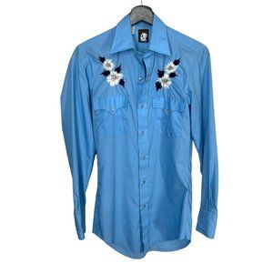 Vintage 70s Karman Blue Long Sleeve Pearl Button Up Western Shirt Medium